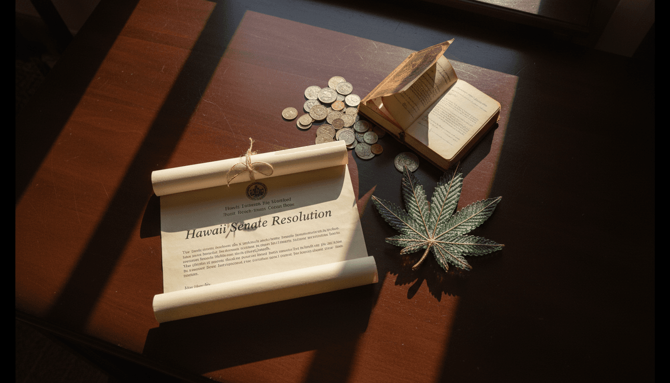 A legislative resolution document from the Hawaii Senate, calling for federal cannabis legalization, resting on a polished wooden desk alongside a small, stylized cannabis leaf emblem.
