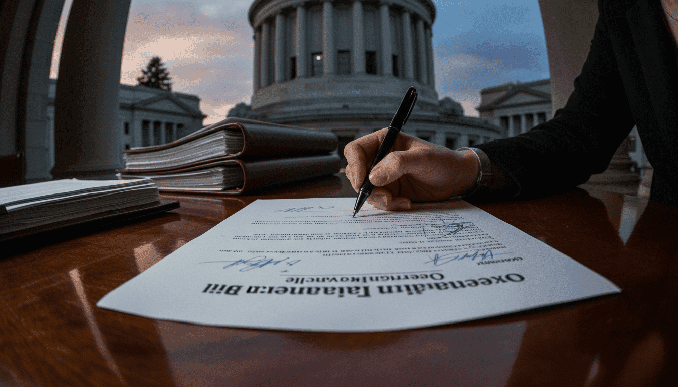 Close-up of a hand, presumably Governor Kotek's, holding a pen poised over a document titled 'Oregon Campaign Finance Bill' with a signature line visible.