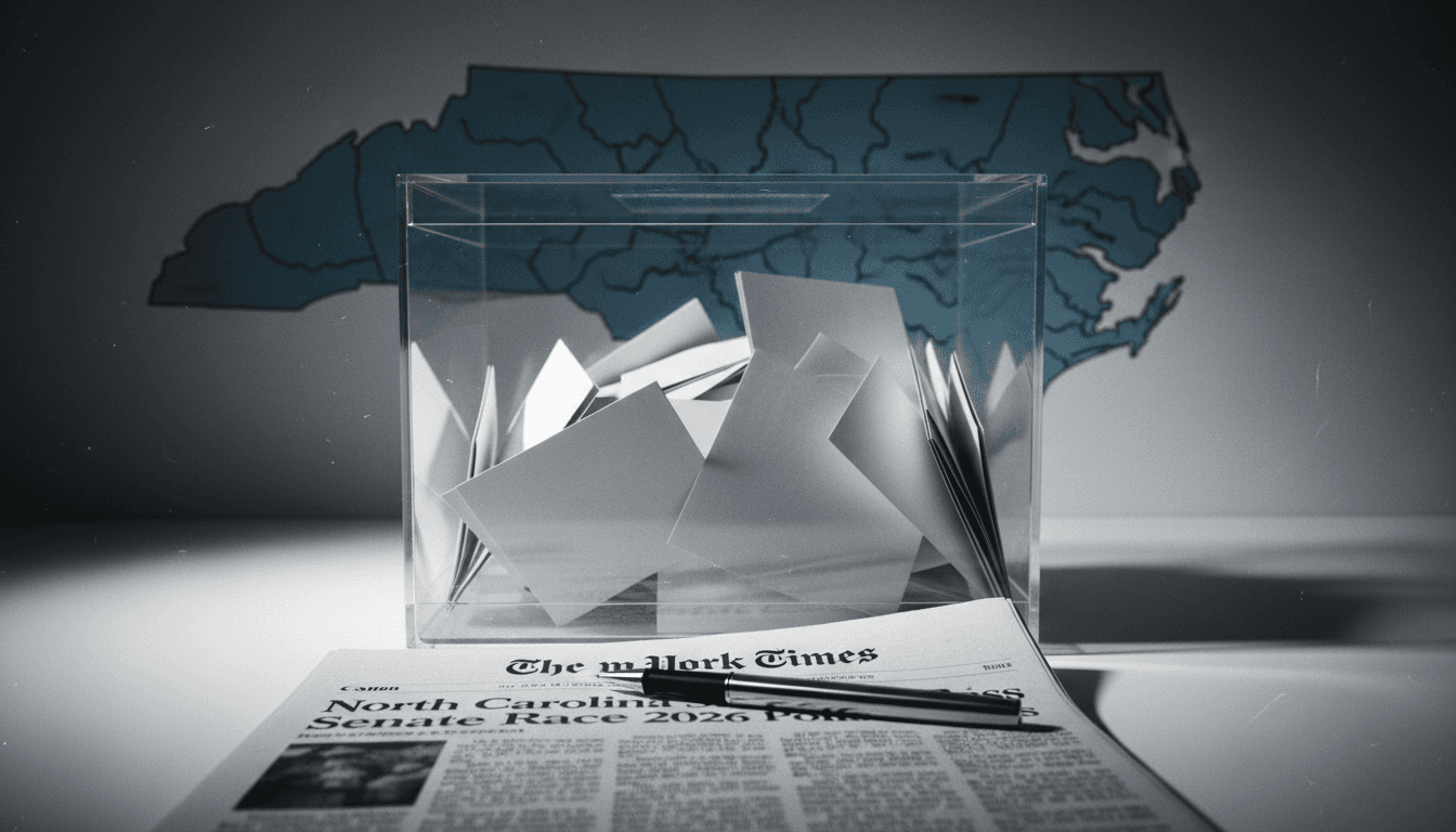 A stylized ballot box with 'North Carolina Senate Race 2026' printed on it, surrounded by newspaper clippings and a pen, symbolizing election activity.