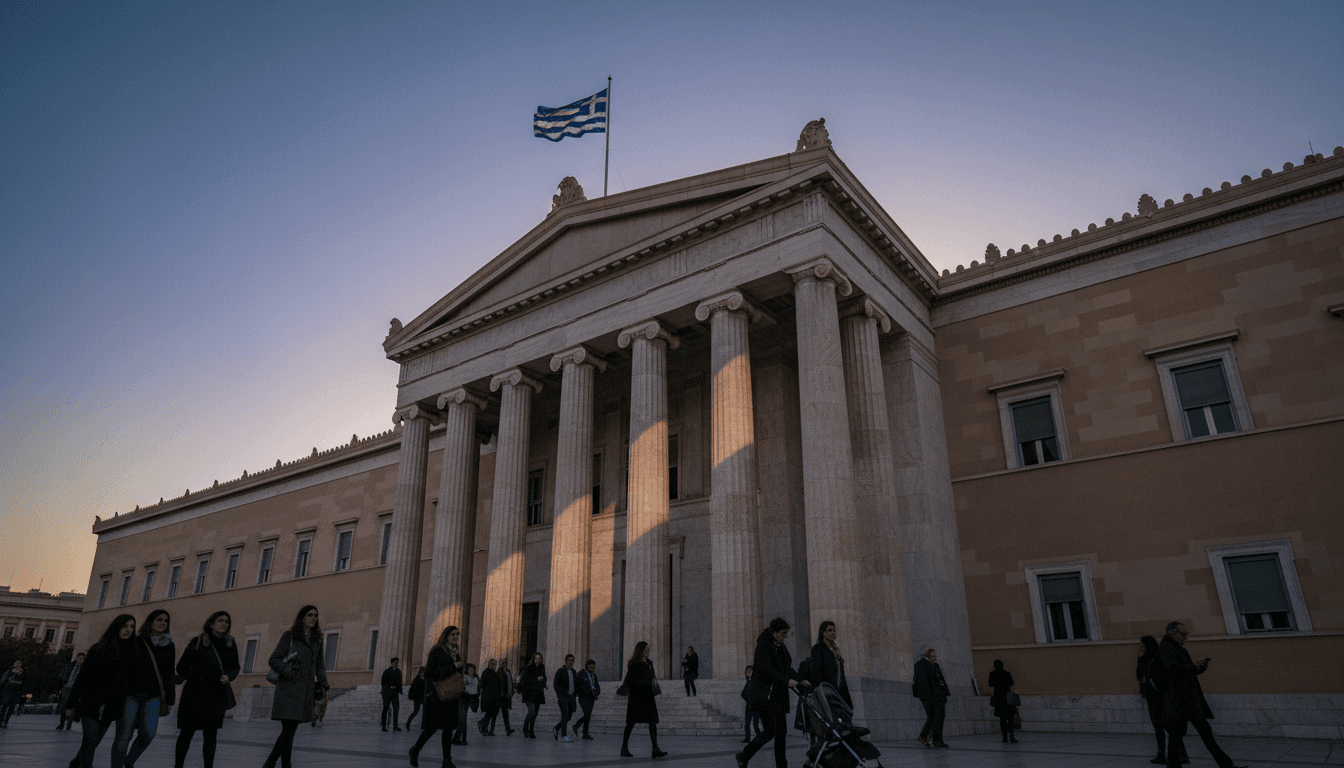 A close-up of the Greek Parliament building's facade, with a strong emphasis on its architectural details, symbolizing the lifting of Greek lawmaker immunity.