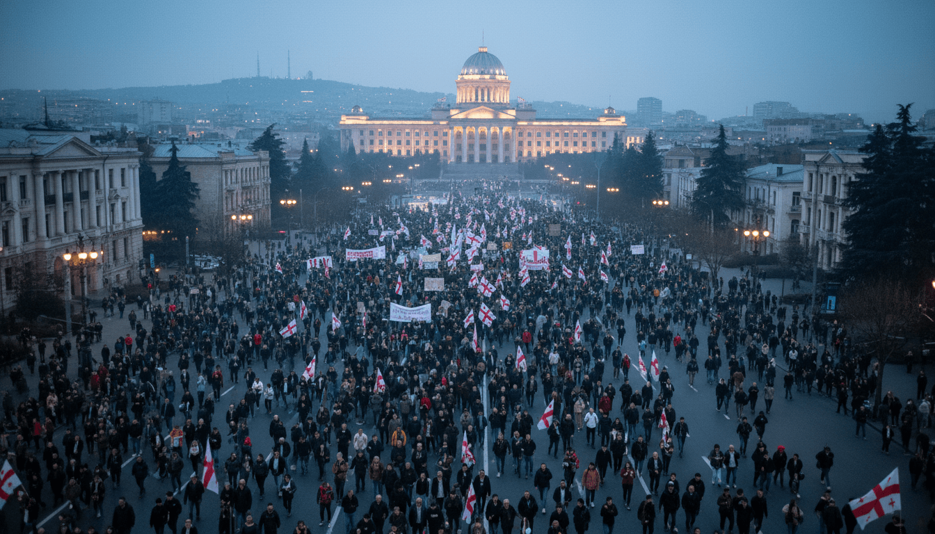 Thousands of people participating in Georgian protests marking 500 days, marching towards the Parliament building in Tbilisi on Easter Sunday.
