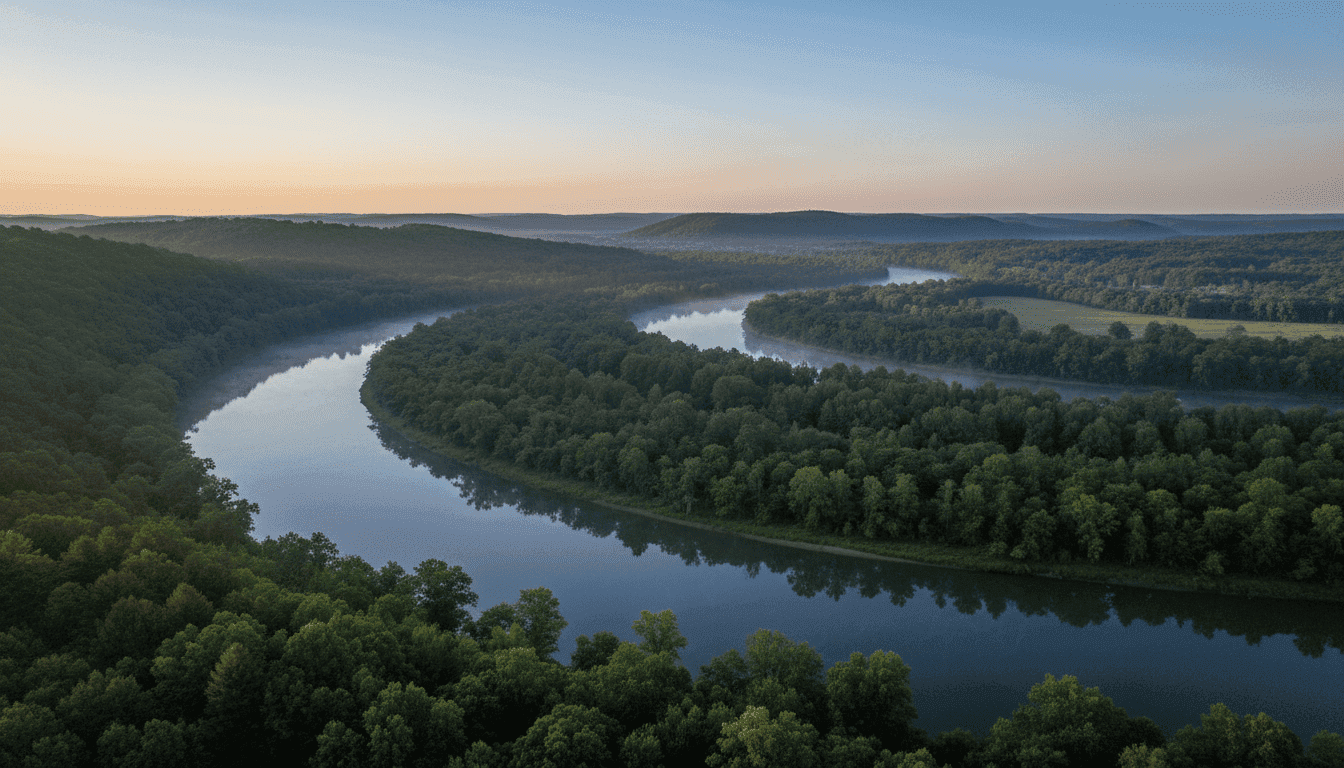 A scenic view of the Duck River flowing through a lush Tennessee landscape, symbolizing the Duck River protection efforts.