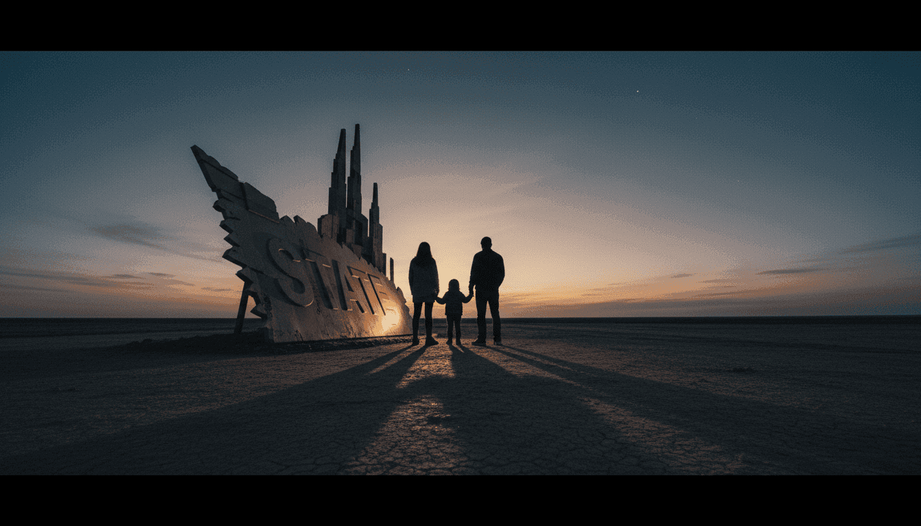 A family plans to leave state, with a silhouette of a family walking away from a state border sign, symbolizing their departure due to legislative changes.