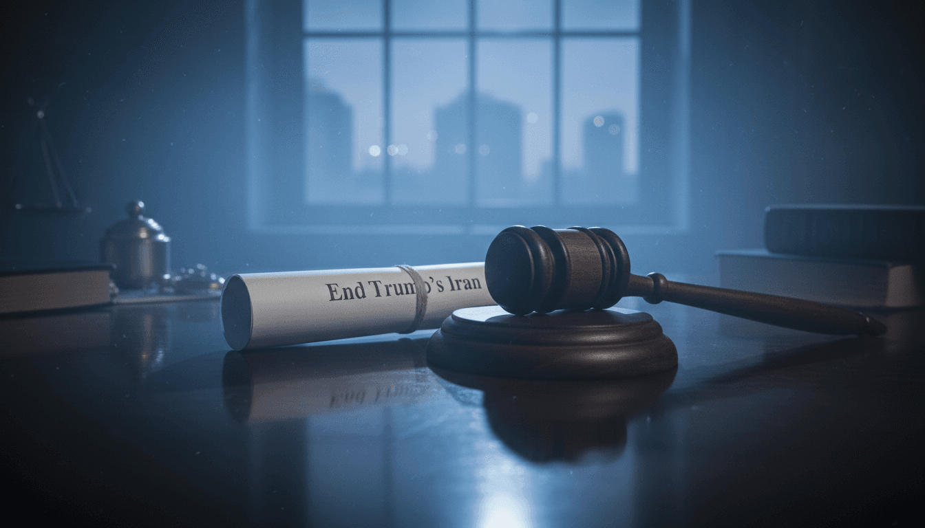 A legislative resolution document titled 'End Trump's Iran War' lying on a polished wooden desk, partially obscured by a gavel, symbolizing the Senate Republicans again block.