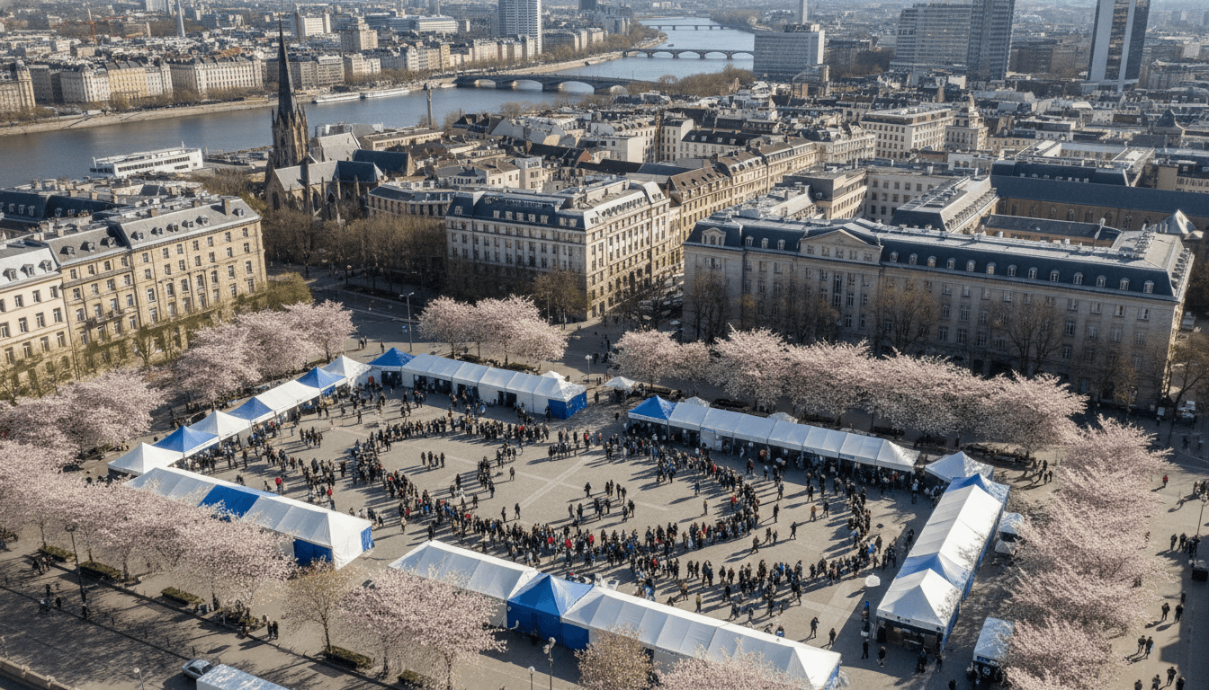 An aerial view of a bustling city square on election day, with visible voting booths and lines of people, representing the 52nd Parliament election campaign.