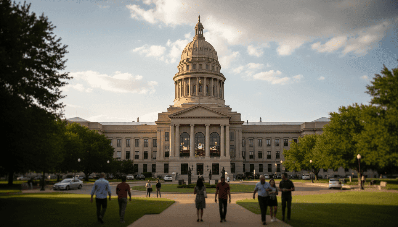A wide shot of the Oklahoma State Capitol building in Oklahoma City, with a legislative session in progress visible through large windows, symbolizing the passage of the Oklahoma reading reform bill.