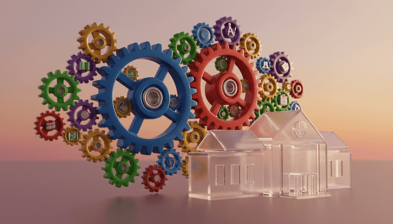 A conceptual image illustrating a 'chimera education bill' with two distinct, interlocking gears labeled 'Democratic Proposals' and 'Republican Priorities' coming together to power a single, complex educational system.