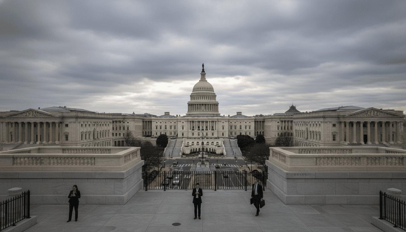 An aerial view of the US Capitol Building, symbolizing the ongoing longest government shutdown keeps growing, with visible signs of reduced activity around federal buildings.