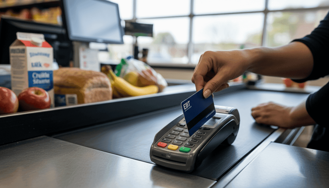 A close-up of an electronic benefit transfer (EBT) card being swiped at a grocery store terminal, symbolizing people are losing food assistance.