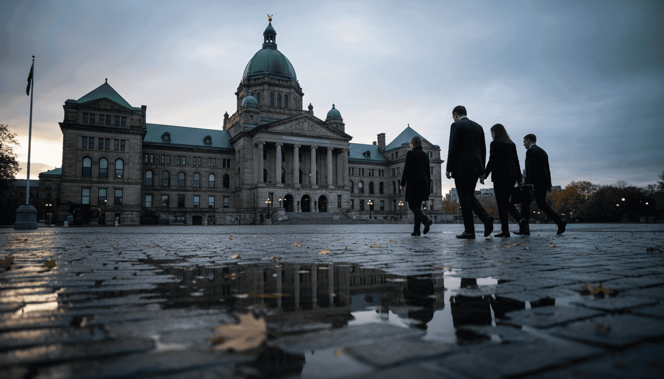 A dimly lit Queen's Park building at dusk, symbolizing the conclusion of debate on the controversial budget bill.