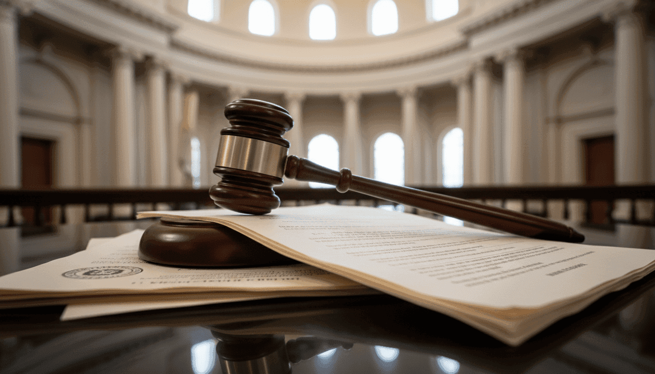 Close-up of a gavel resting on a stack of legislative documents with a blurred background of a state capitol building, symbolizing the legislative process to ban prediction markets.