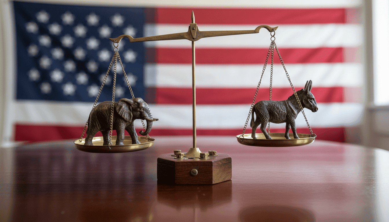 A close-up shot of two identical, meticulously balanced scales, one pan holding a small elephant figurine and the other a small donkey figurine, symbolizing the tied support for Democratic, Republican candidates.