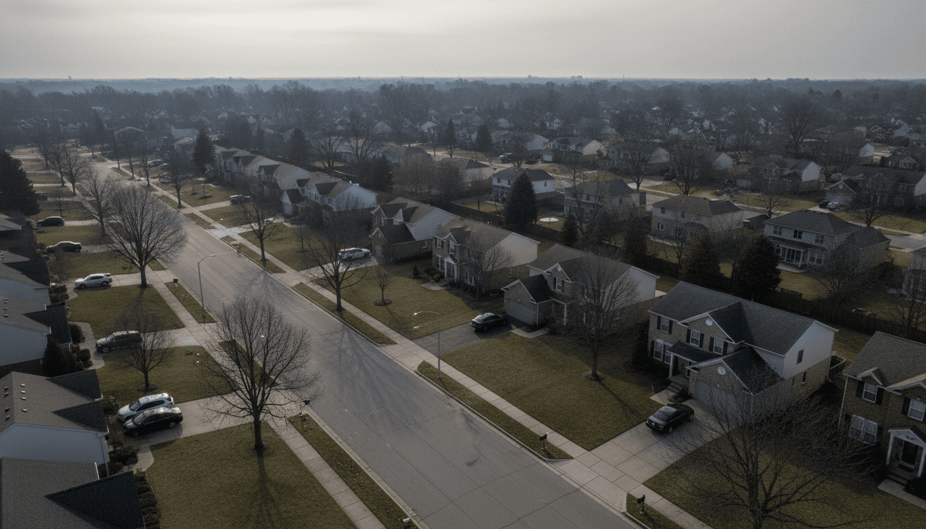 A quiet residential street in early spring, with bare trees and a faint, hazy sky, conveying the subdued atmosphere as the Iran war upends spring housing market.