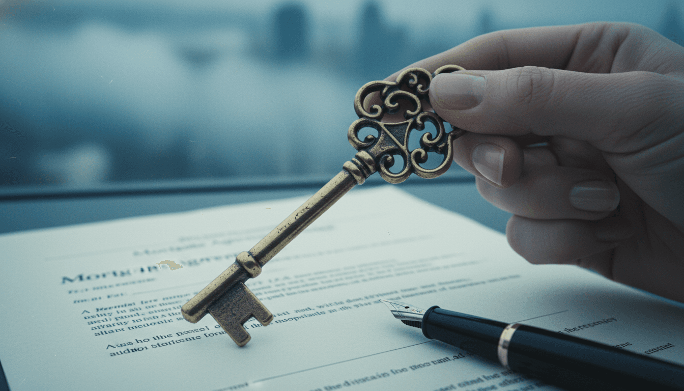 Close-up of a hand holding a house key, with a blurred background of a mortgage document and a pen, symbolizing the impact of rising mortgage costs.