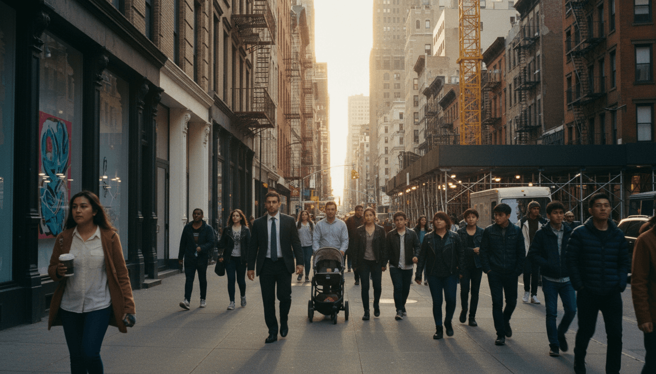 A bustling New York City street scene with diverse pedestrians, storefronts, and a visible construction site in the background, symbolizing the challenge of balancing tenant rights and real estate development.
