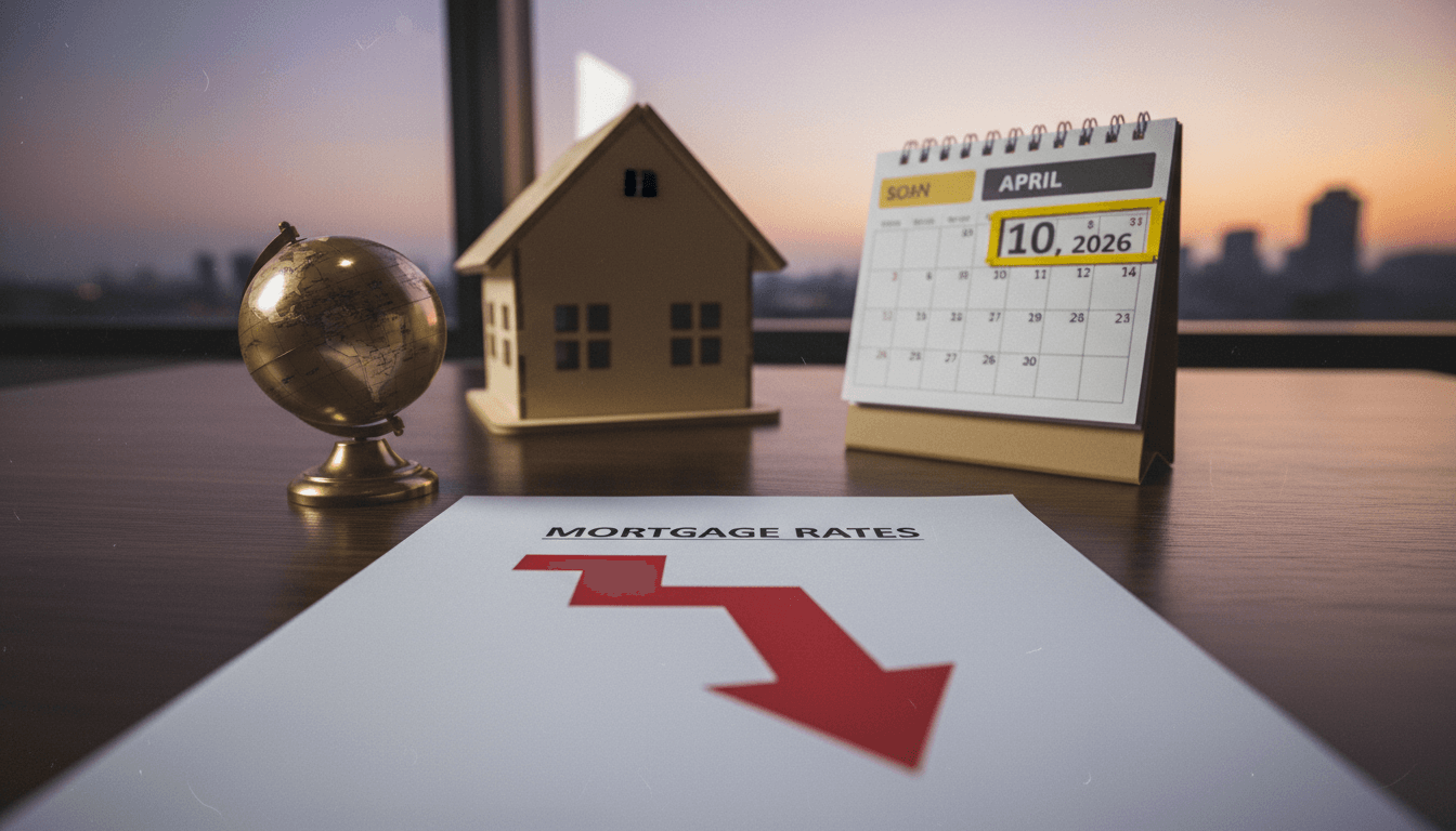 A detailed still life composition featuring a stylized document labeled 'Mortgage Rates' with a prominent downward arrow, surrounded by a small globe, a calendar open to April 10, 2026, and a miniature house model, symbolizing the mortgage rates drop.
