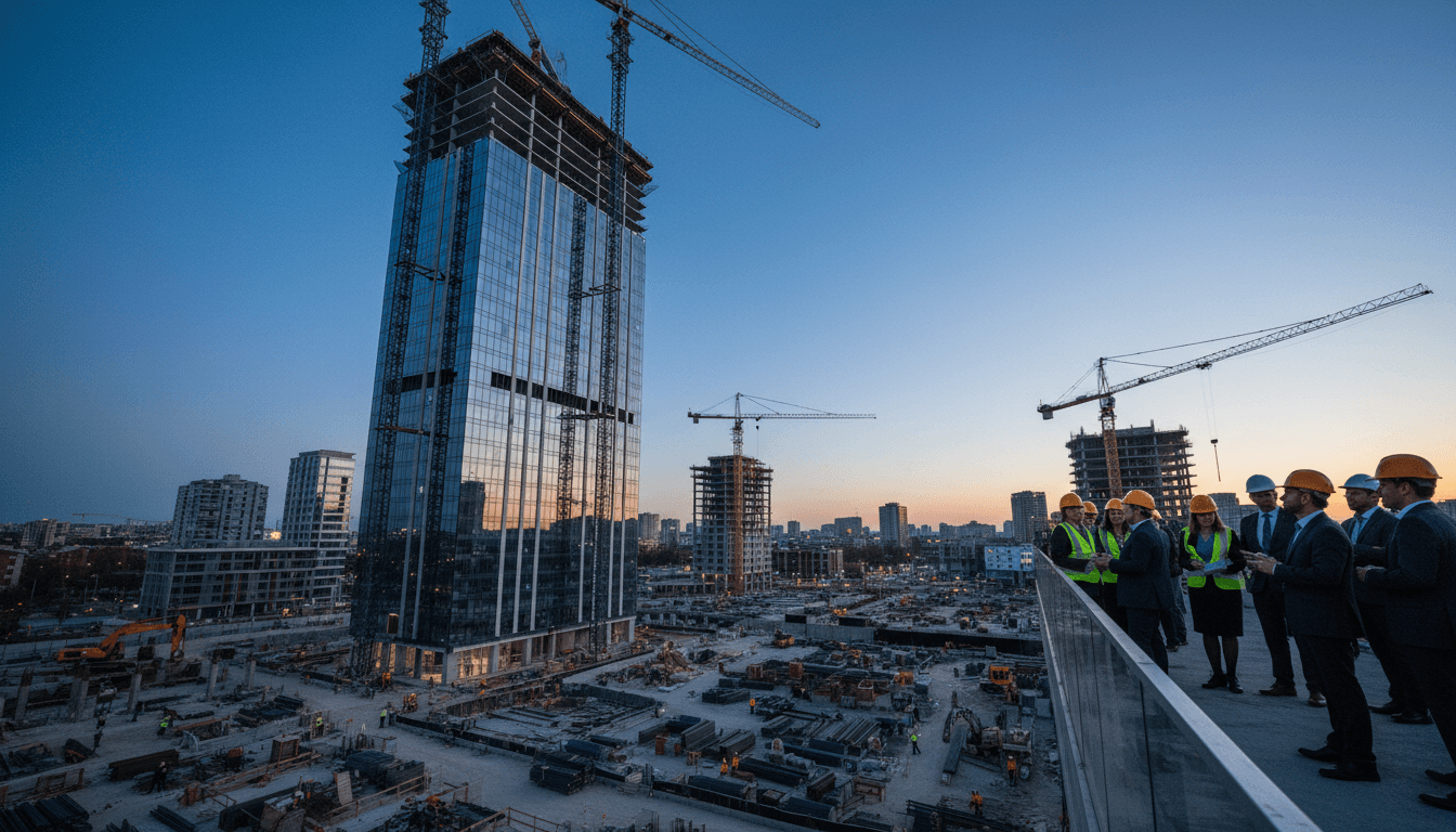 A modern high-rise building under construction, partially obscured by a detailed financial ledger or blueprint, symbolizing the developer funding controversy.