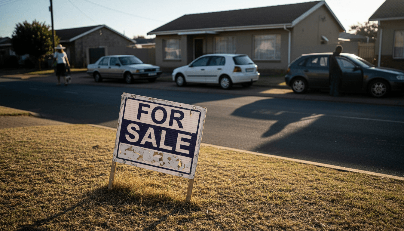 A candid street-level view of a 'For Sale' sign outside a modest house in a South African suburb, emphasizing the challenge of declining sales.