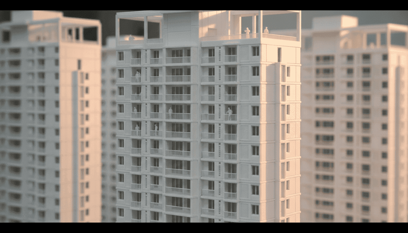 A close-up view of a detailed architectural model of a modern high-rise residential building in Gurugram real estate.