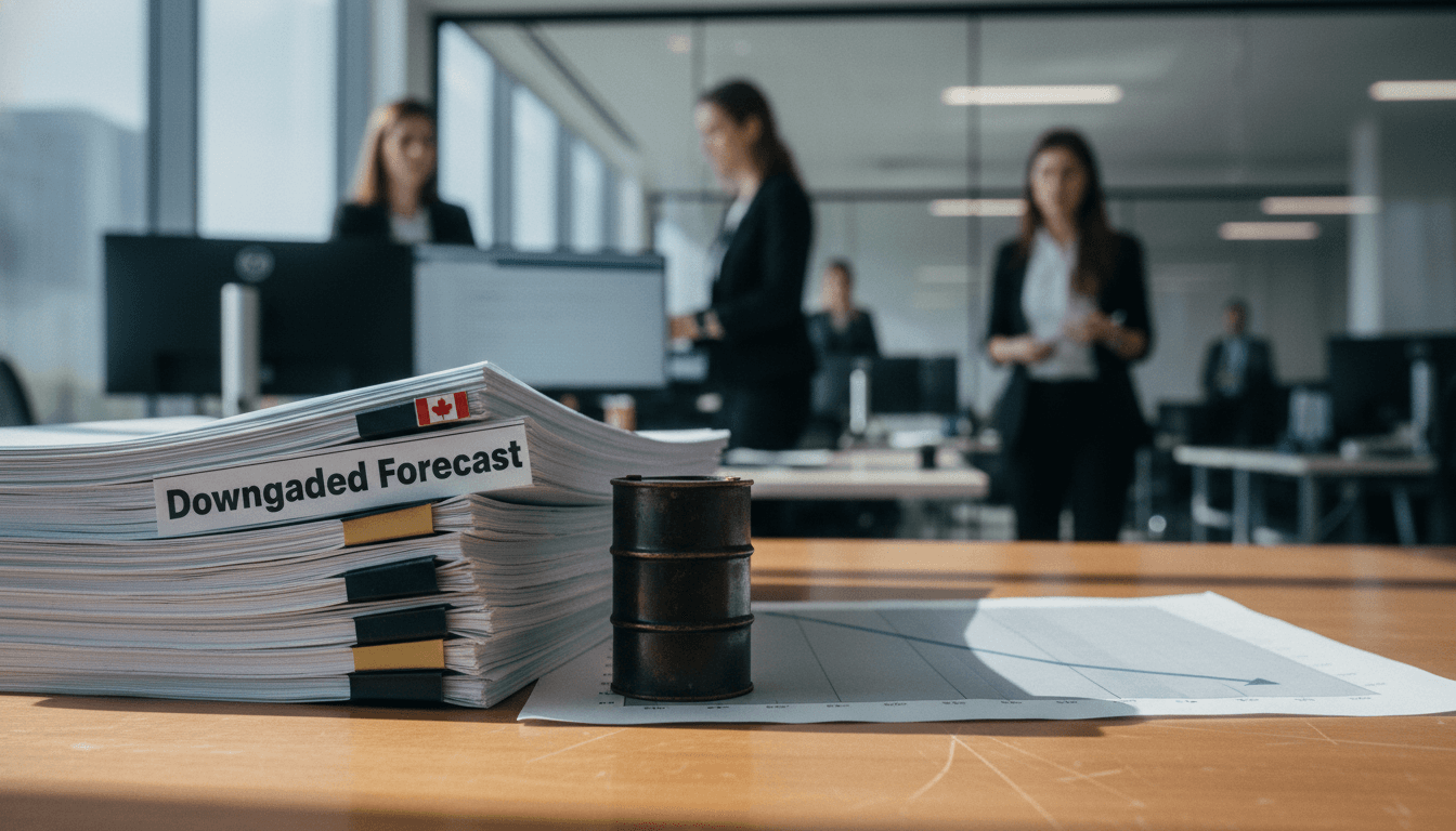 A stack of real estate forecast reports with the Canadian housing downgrade highlighted, next to a small barrel of crude oil.