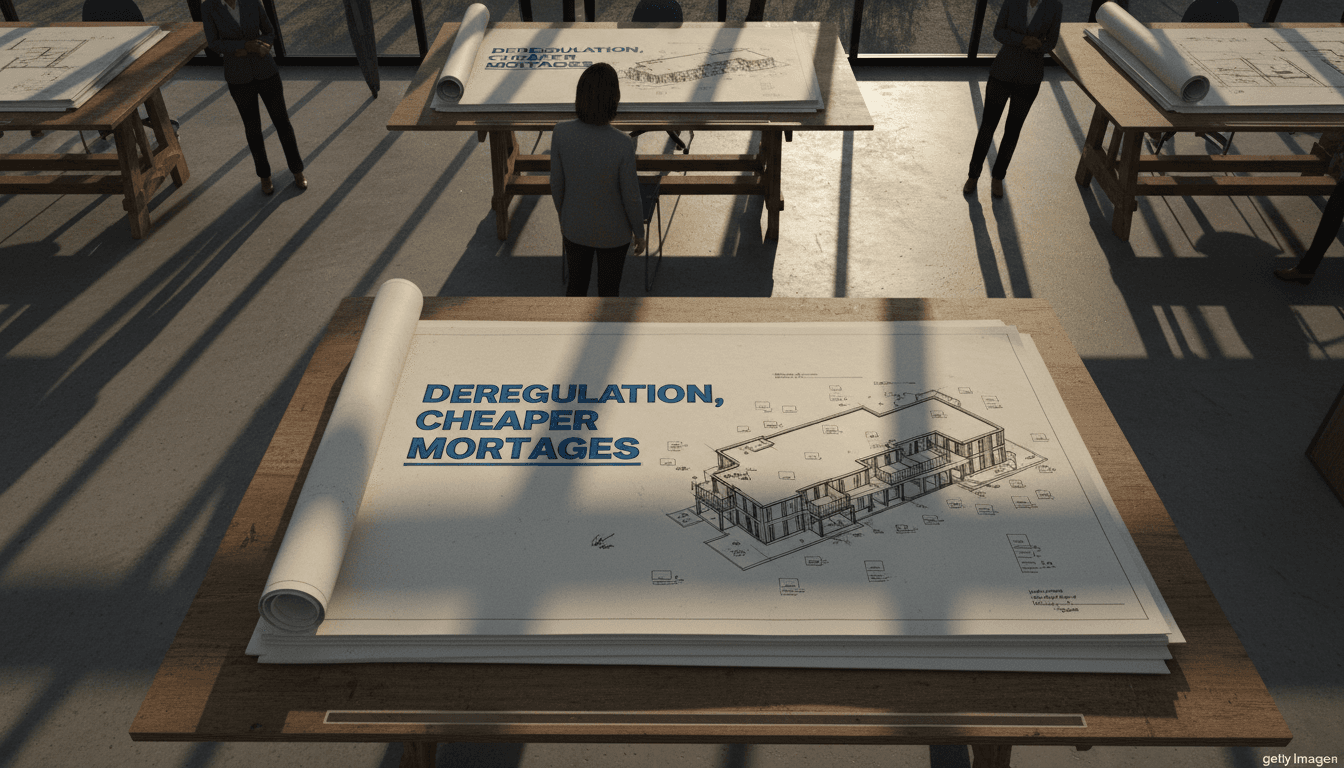 Close-up of a stack of blueprints with 'Deregulation, Cheaper Mortgages' written on the top sheet, symbolizing Trump's housing plan.