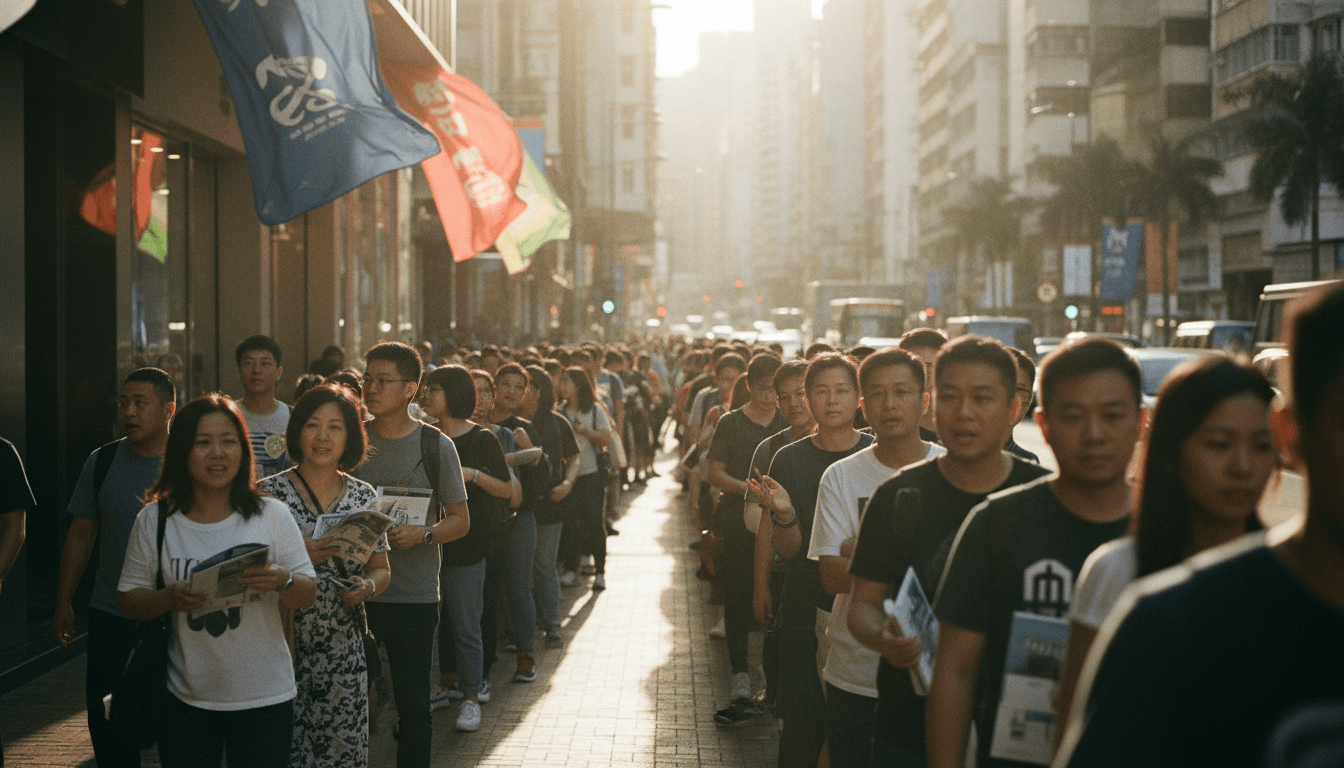 A bustling scene of potential Hong Kong homebuyers queuing excitedly outside a new property development sales office.
