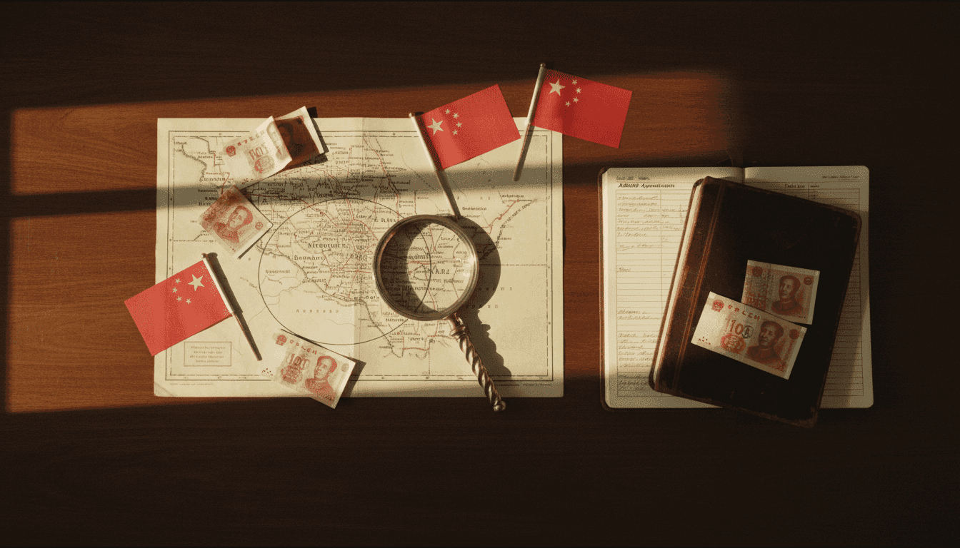 A detailed map of Adelaide with small magnifying glasses hovering over various residential areas, alongside miniature Chinese flags and currency symbols, representing Chinese buyers eyeing Adelaide homes.