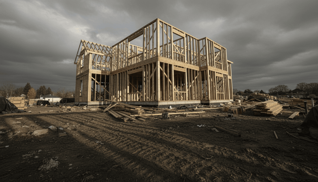 A solitary, partially constructed residential house frame stands against a cloudy, late afternoon sky, symbolizing the current uncertainty in homebuilder stocks.