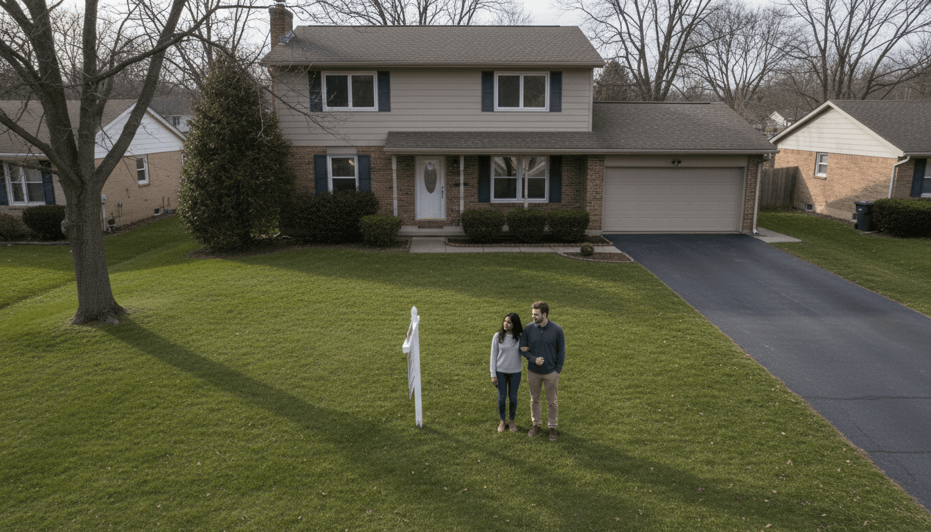 A solitary young couple looking thoughtfully at a 'For Sale' sign in front of a house on a cloudy day, conveying the complex emotions of first-time homebuyers.