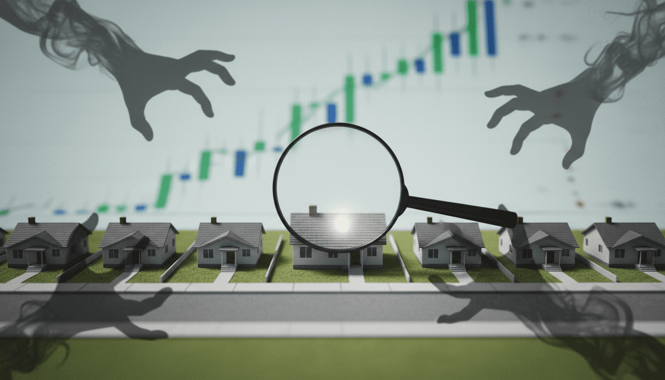 A conceptual image illustrating competitive tensions at the lower priced end of the housing market, with a magnifying glass over a row of small, identical houses, surrounded by shadowy figures vying for attention, representing the first home buyer scheme's impact.
