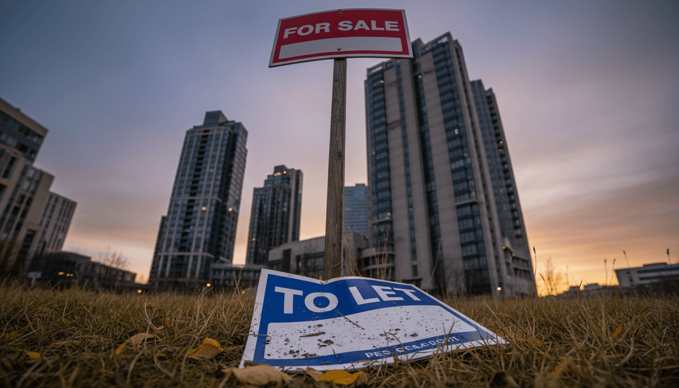 Close-up of a 'For Sale' sign with a 'To Let' sign crumpled on the ground nearby, symbolizing debt-pressured landlords selling rental stock.