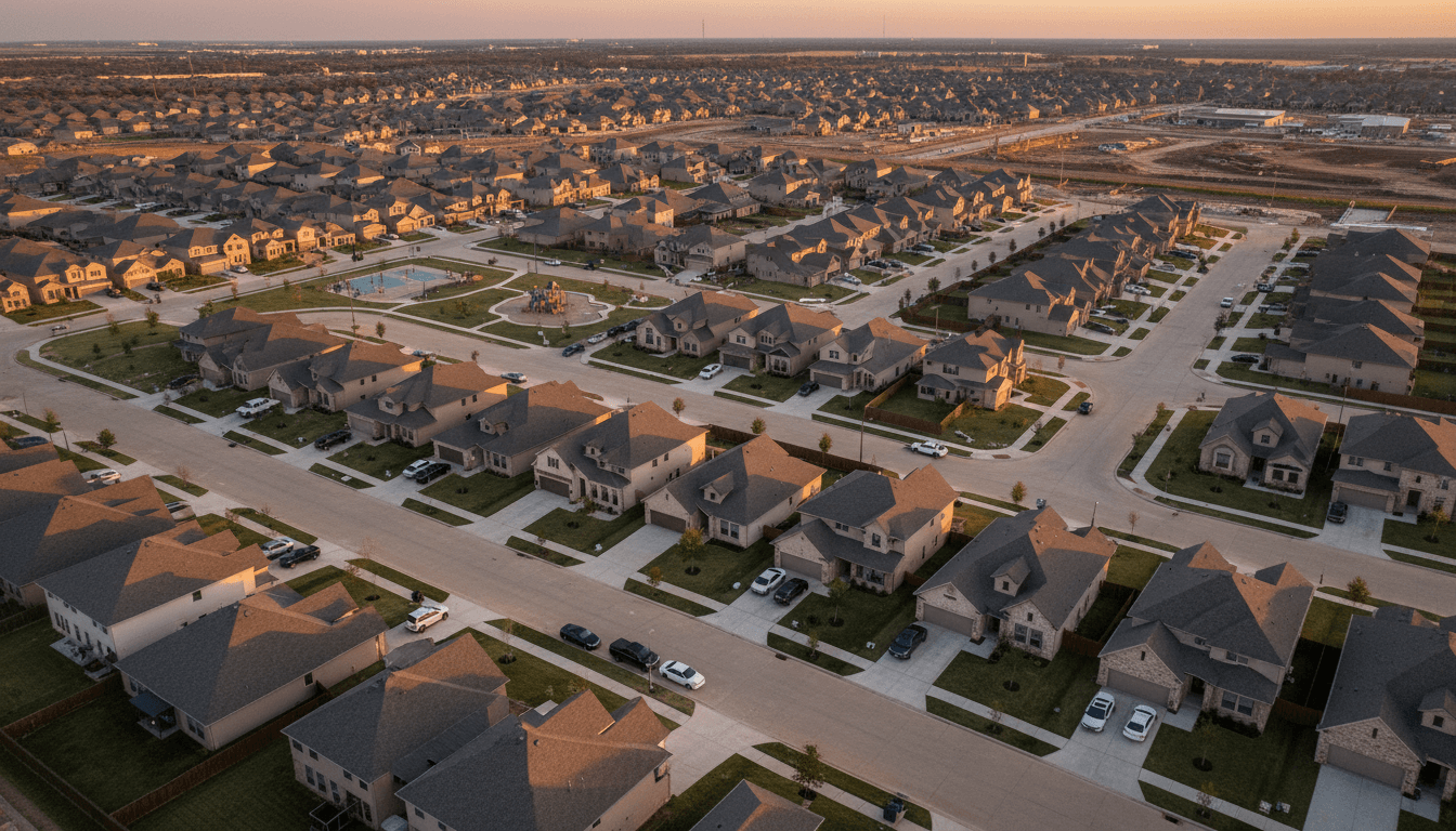 An aerial view of a sprawling Texas suburban development with numerous homes, roads, and green spaces, illustrating the scale of the Texas home prices shift.