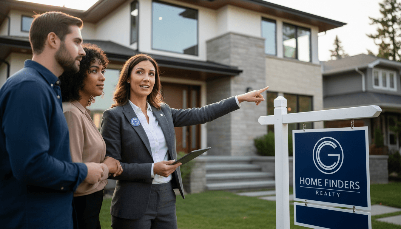 A real estate agent confidently presenting a property to clients, demonstrating how a clear brand identity helps real estate companies weather volatile markets.