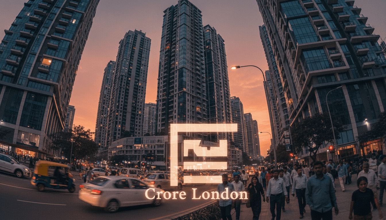 A street view of a bustling Bengaluru street with modern apartment buildings, contrasting with a subtle overlay hinting at a London home price tag.