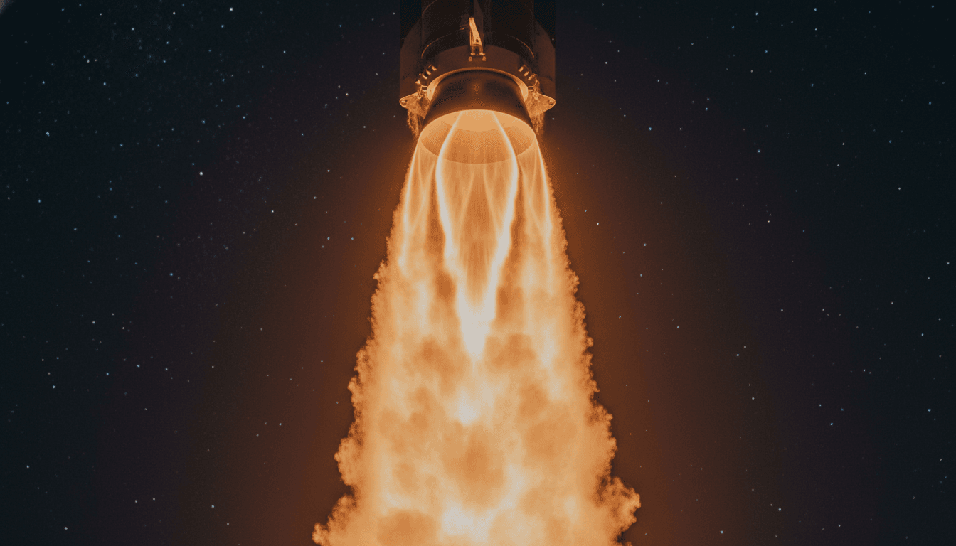 Close-up of a SpaceX rocket engine exhaust plume, glowing intensely against the dark night sky, with faint stars visible around the stunning SpaceX rocket launch.