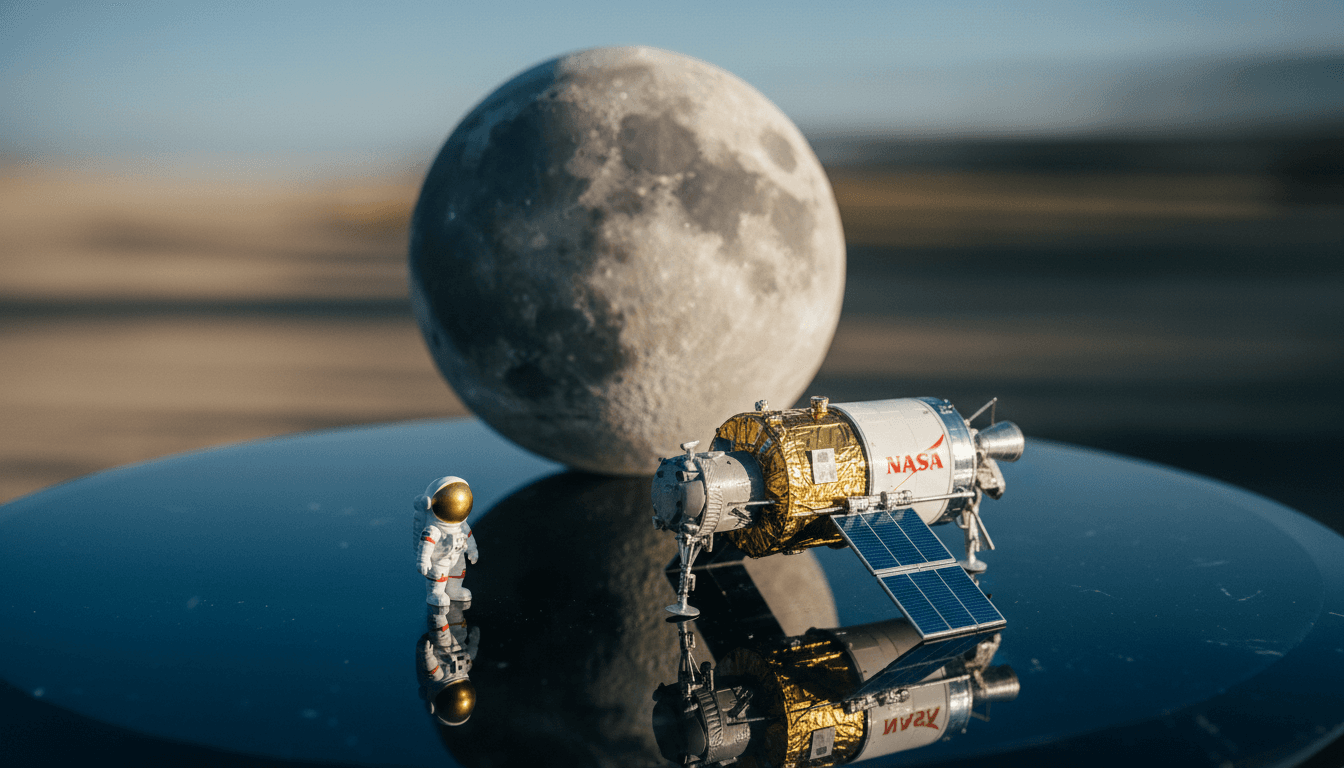 A detailed close-up of a miniature model of the Orion spacecraft, prominently featuring the NASA logo and crew module, set against a blurred background suggesting the lunar surface, emphasizing the historic moon flyby.