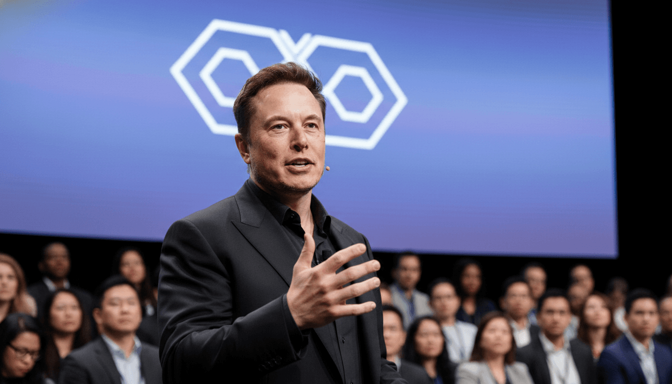 Elon Musk smiling, gesturing, with a SpaceX-xAI merger graphic in the background, illustrating the dramatic space race.