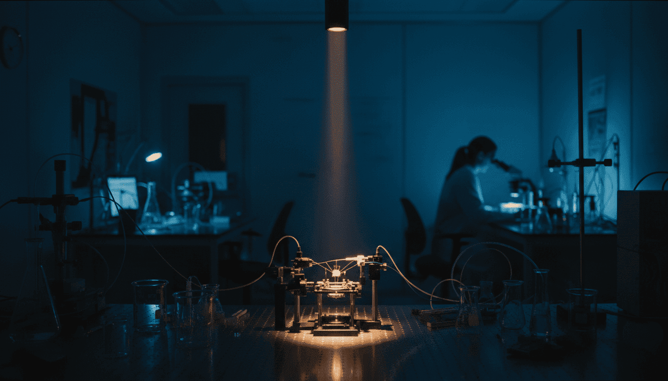 A detailed image showing a physicist working with advanced equipment to study groundbreaking quantum materials in a laboratory setting.