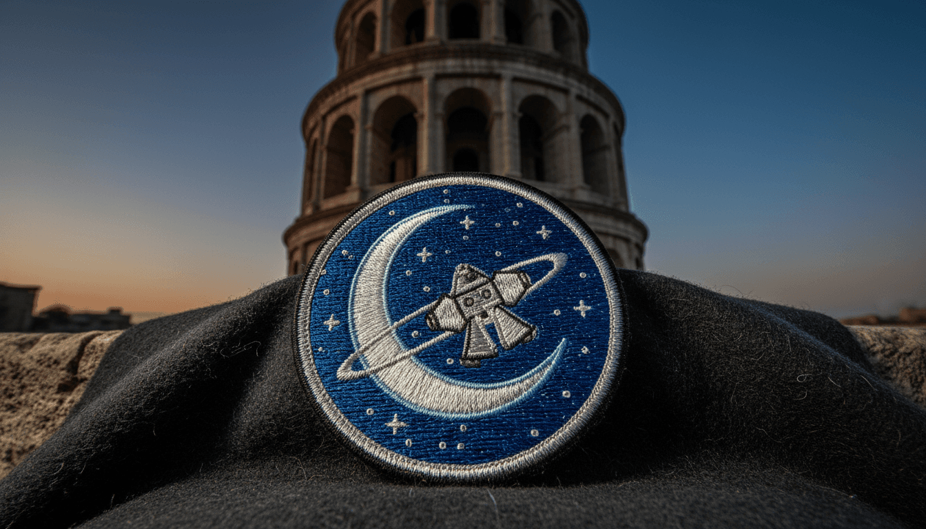 Close-up of a stylized, embroidered patch depicting the Artemis 2 mission logo, featuring a crescent moon and the Orion capsule, representing the featured Artemis 2 merch.