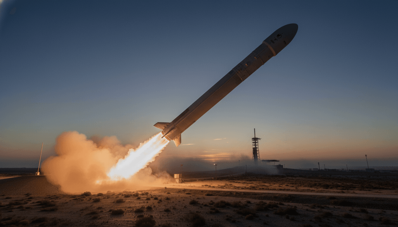 A Falcon 9 GPS launch rocket ascending into a clear blue sky, leaving a trail of smoke and fire behind it.