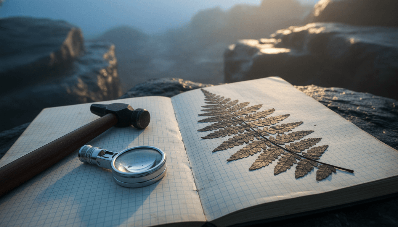 A meticulously arranged still life featuring a detailed fossilized leaf, representing the Himachal fossil leaf, resting on a field notebook next to a small palaeontological hammer and a magnifying glass.