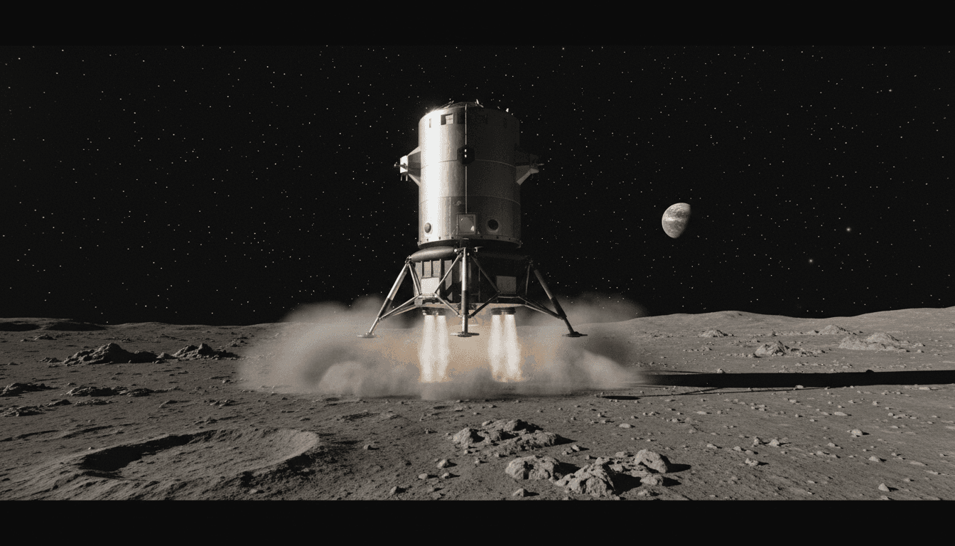 An artist's rendition showing a SpaceX Starship or Blue Origin Blue Moon lander descending towards the lunar surface, with the NASA Moon Plan logo subtly in the background.