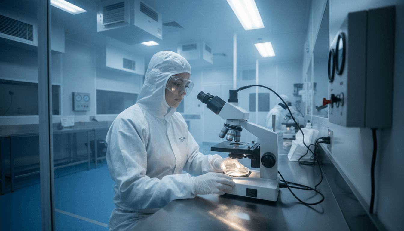 A scientist in a clean room suit examining a petri dish, symbolizing the groundbreaking clean room microbes discovery at NASA.