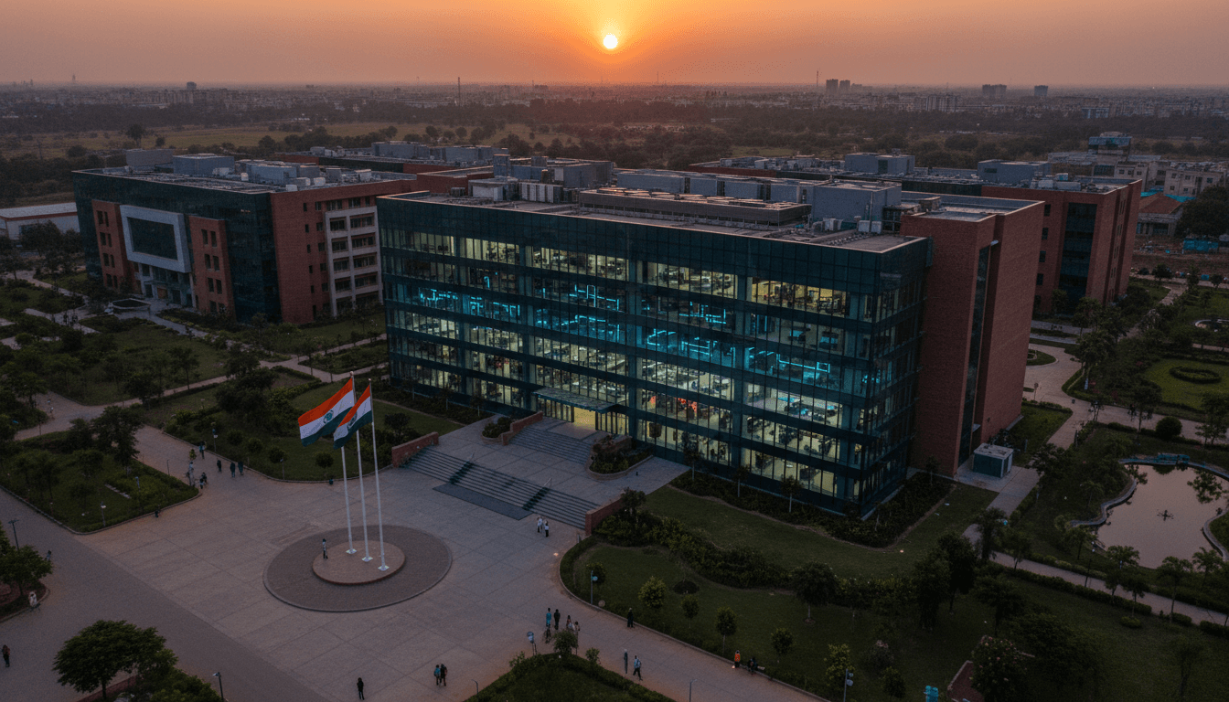 A futuristic depiction of India's quantum push, showing advanced quantum computing infrastructure with glowing circuits and data streams.