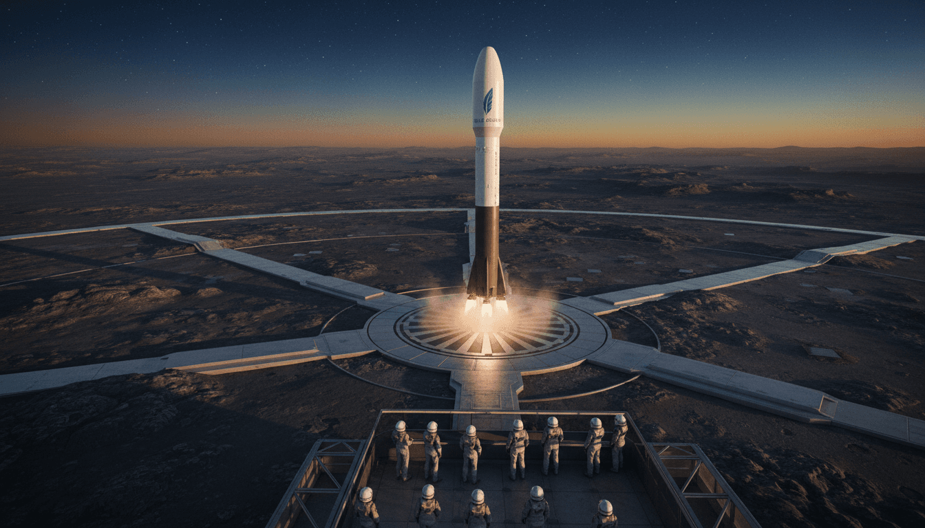 A conceptual image of a massive, building-sized Blue Origin landing rocket silhouetted against a twilight sky, plumes of exhaust settling around its landing legs.