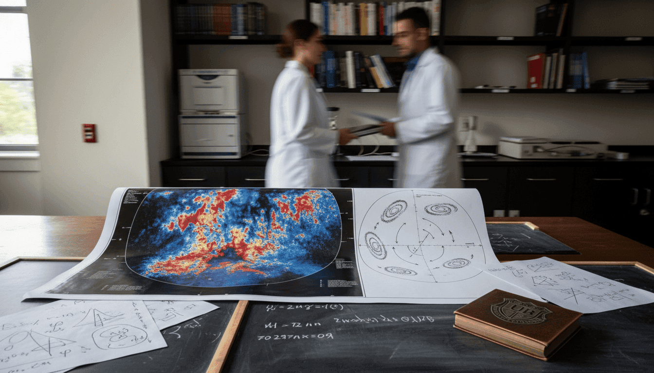 A detailed astronomical diagram illustrating cosmic expansion, overlaid with a conceptual representation of 'new physics' symbols, with a small, stylized university logo in the corner, symbolizing the IUB researcher's contribution to Hubble tension resolution.