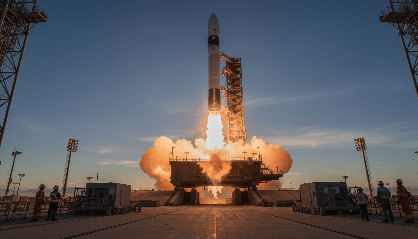 Wide environmental shot of the world's biggest SpaceX rocket firing its engines on a launchpad