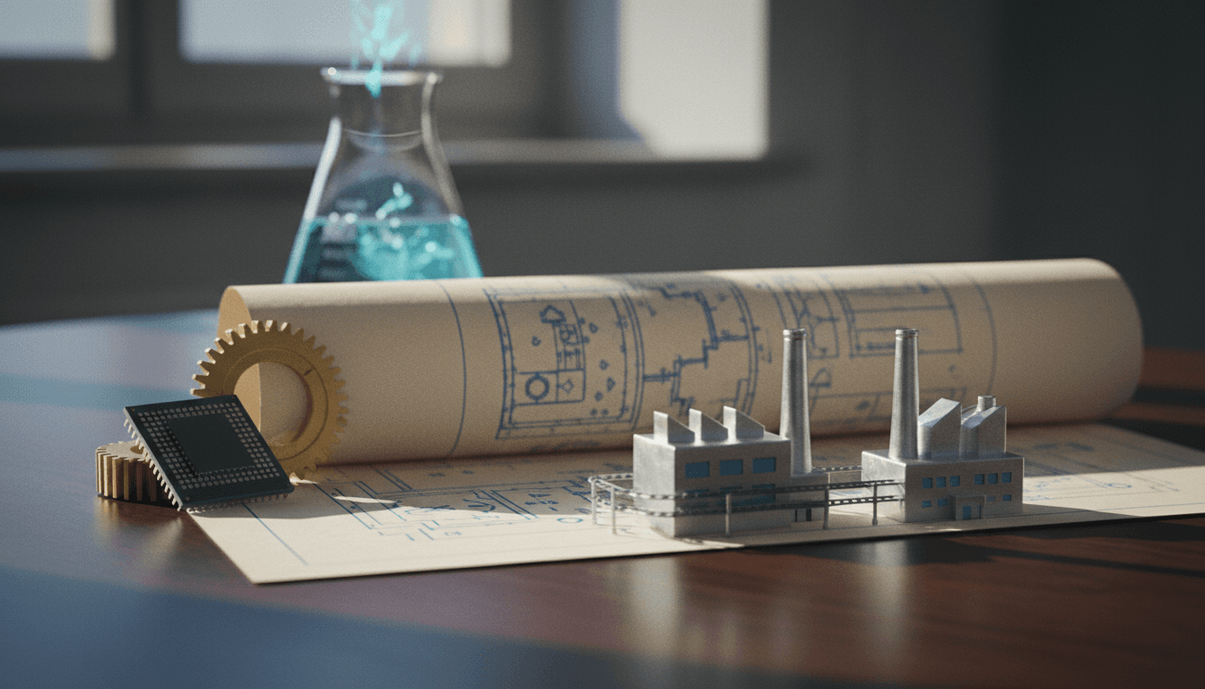 A meticulously arranged still life showcasing elements of advanced manufacturing: a miniature factory model, a blueprint scroll, a microchip, a gear, and a glowing scientific beaker, all symbolizing the groundbreaking factory efficiency discovery.