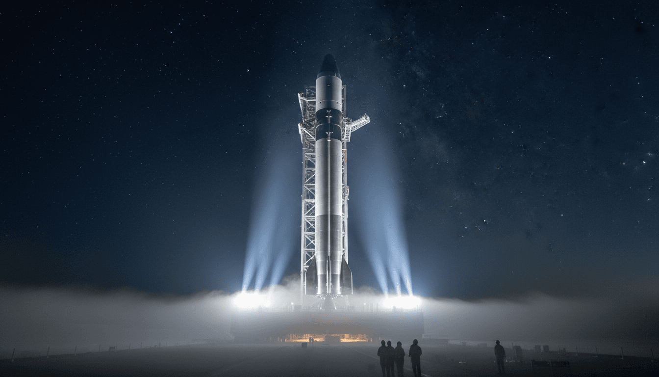 A dramatic, atmospheric night scene of a SpaceX Starship rocket on a launchpad, illuminated by bright floodlights against a dark, star-dusted sky, symbolizing America's next Moon mission.