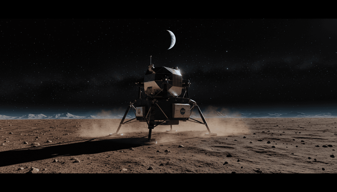 A lunar lander from ispace on the Moon's surface, with the Earth visible in the distance, representing the delayed NASA moon landing.